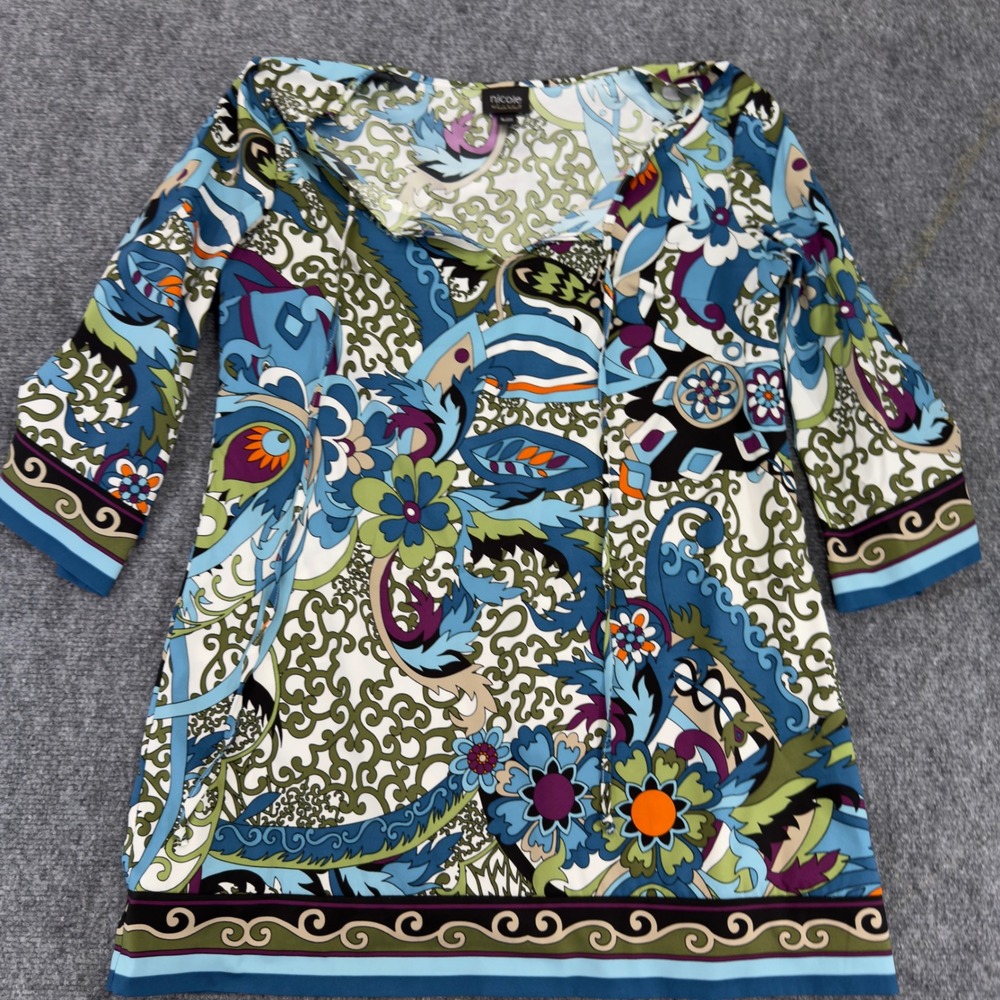 Nicole by Nicole Miller Floral Paisley Tunic Top Blue Multi Size S